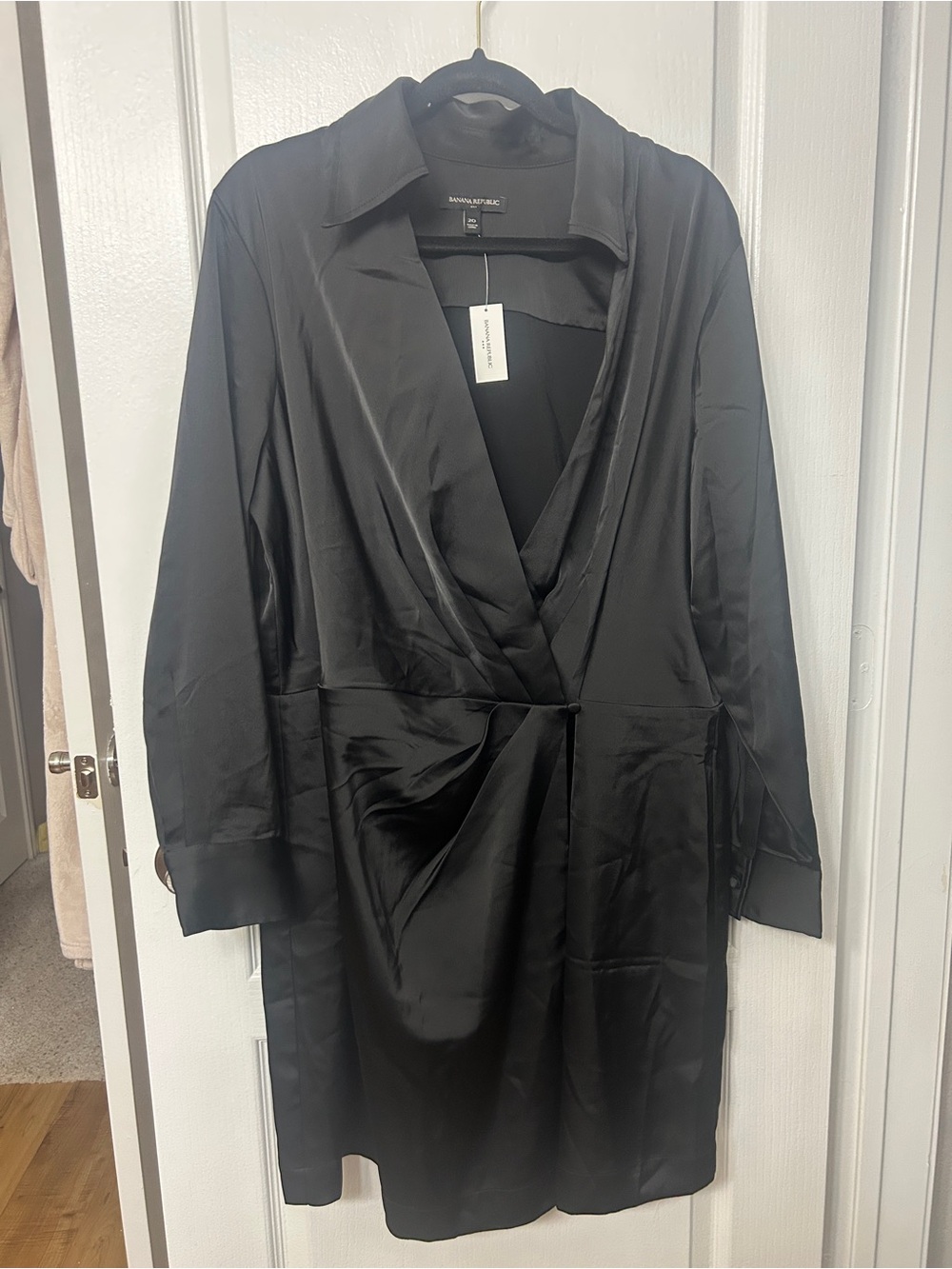 Black Satin Wrap Collared Dress